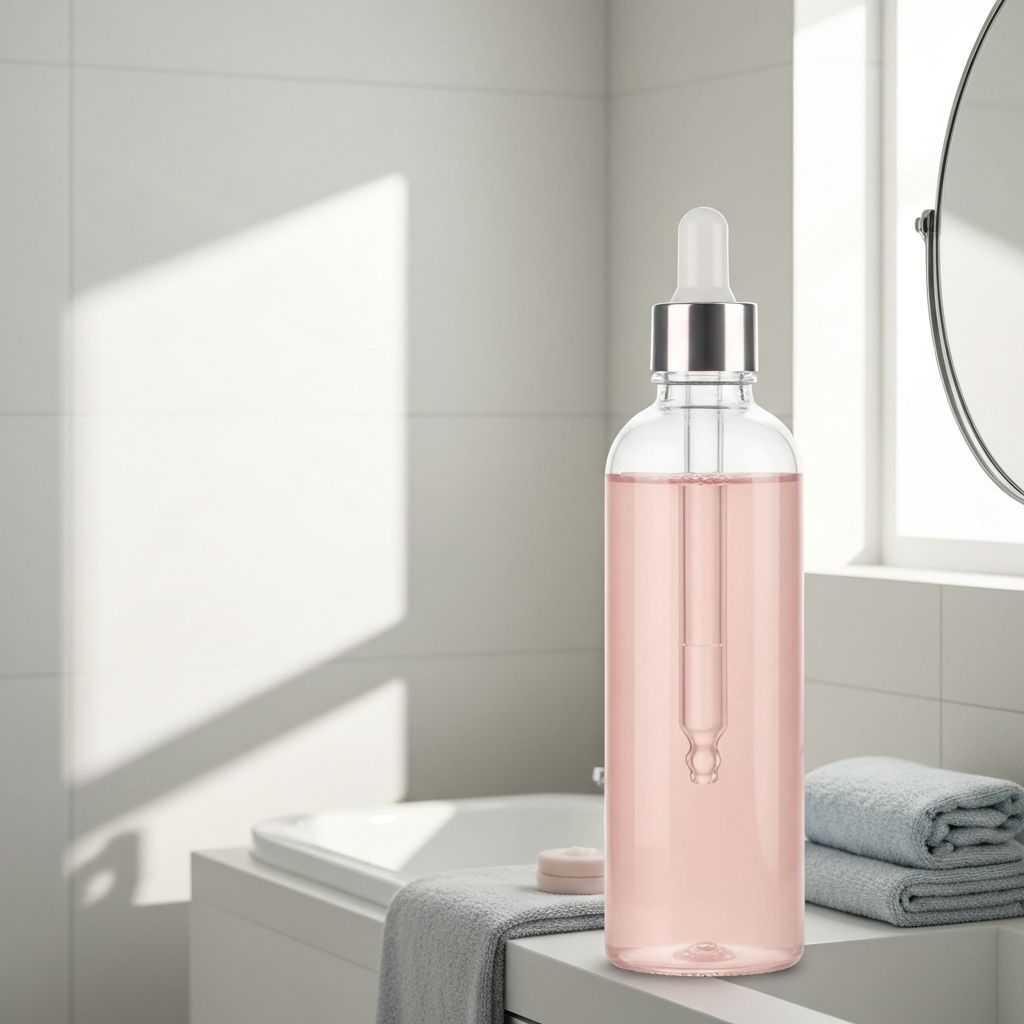 Почистващ флуид за лицето в светла стъклена бутилка с дозатор